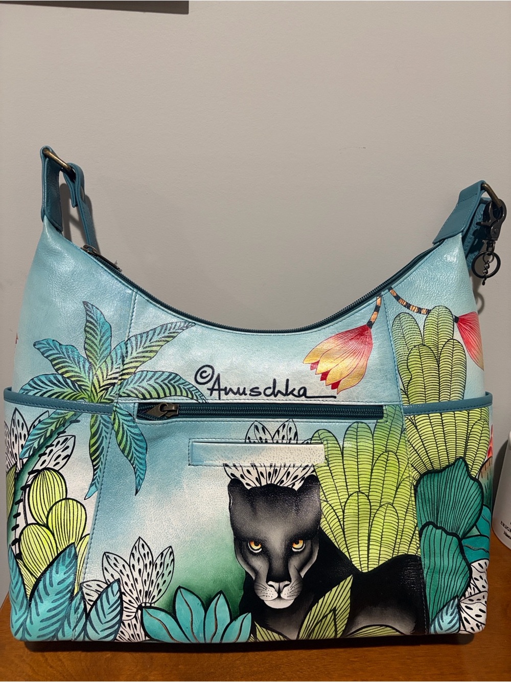 Anuschka Teal Hand-Painted Panther Shoulder Bag with Botanical Motif